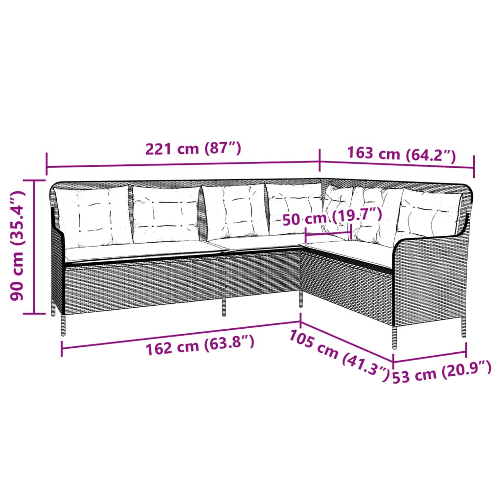 L-vormige Tuinbank met Kussens, Poly Rattan, 5-zitter, Donkergrijs