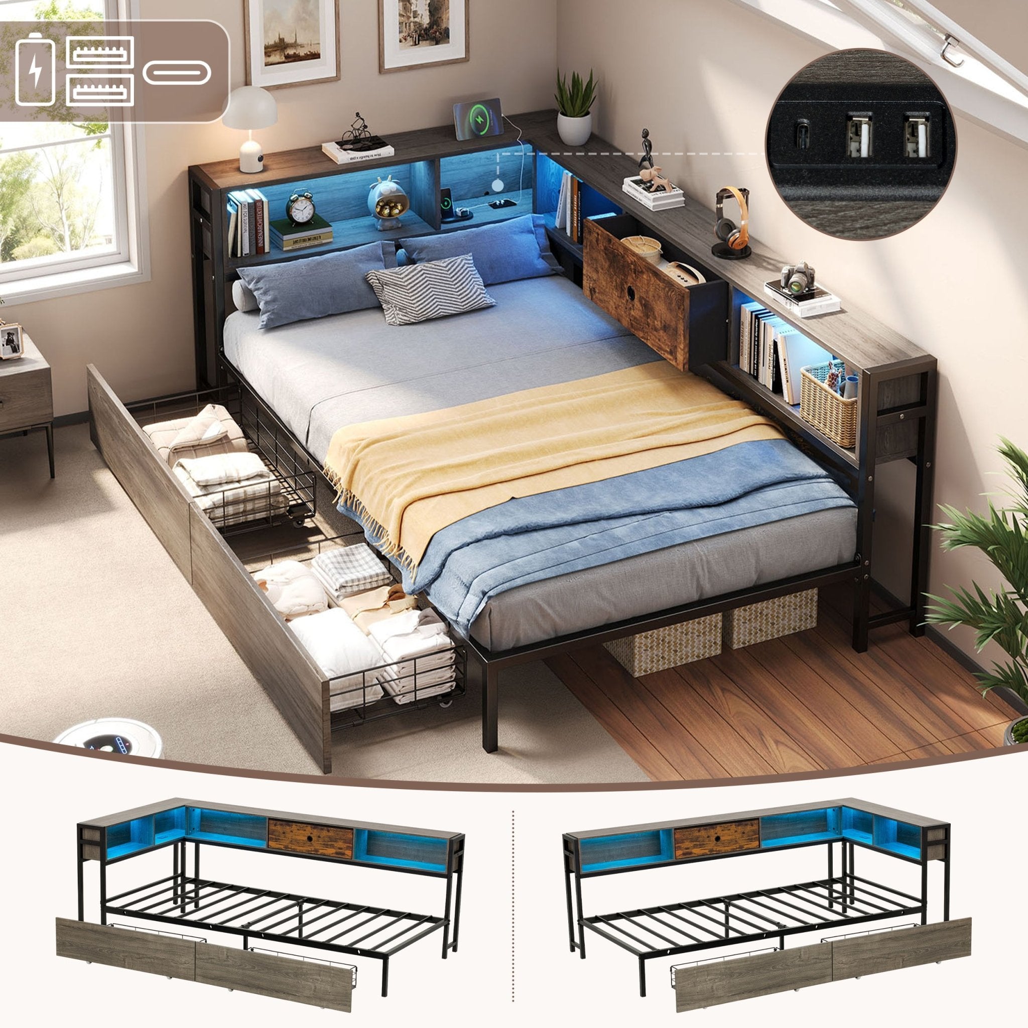 3ft Single Metal And Wood Bed With RGB LED Lights & Charging Station USB & Type - C, Built - in Shelves And Bedside Storage, Two Storage Drawers, Two Assembly Methods, Grey, Rustic Brown No Mattress - Noventis Home