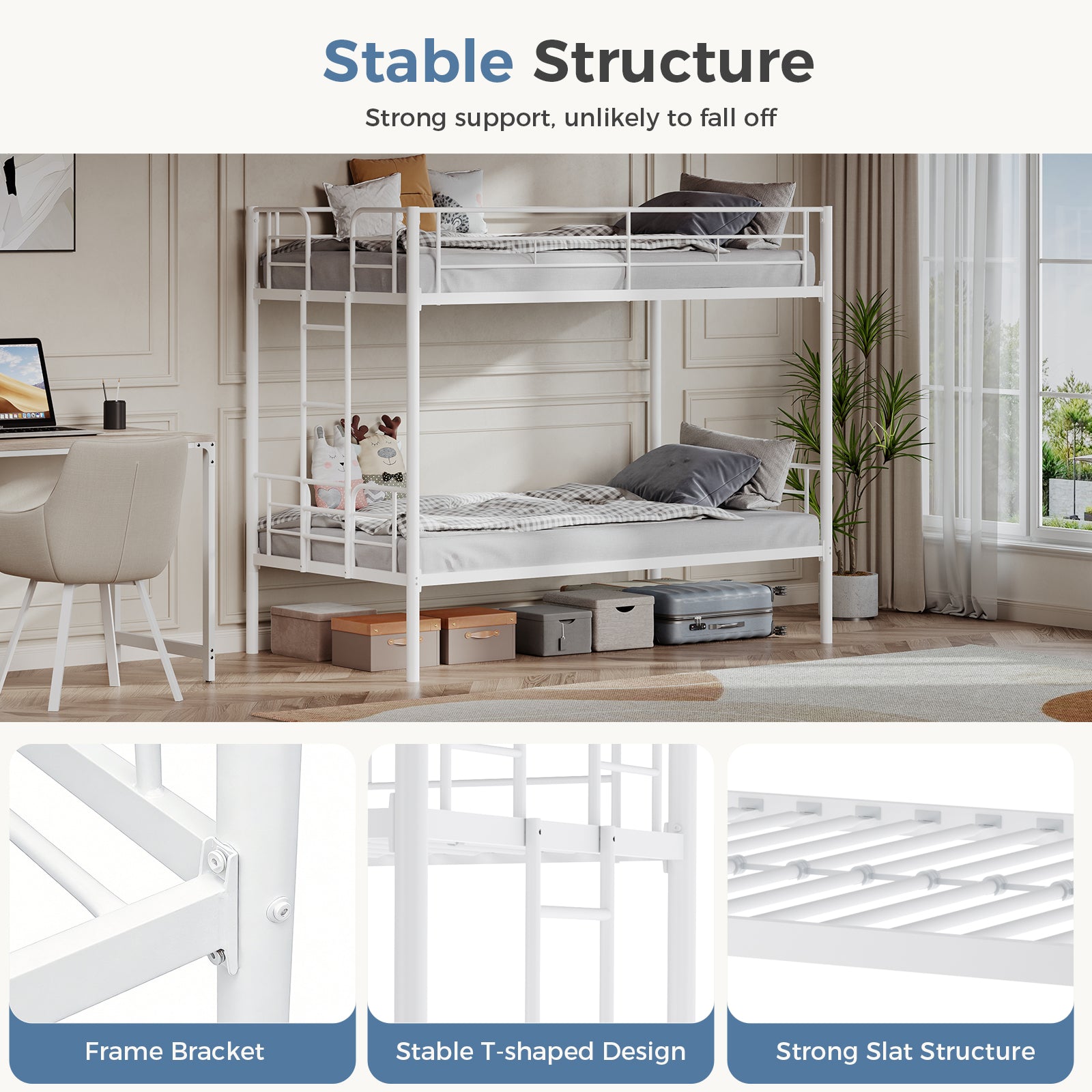 Metal Double - layer Bed With Stairs And Safety Railings, Sturdy Steel Frame, No Need For A Mattress, Double - layer Bed That Saves Space - Noventis Home