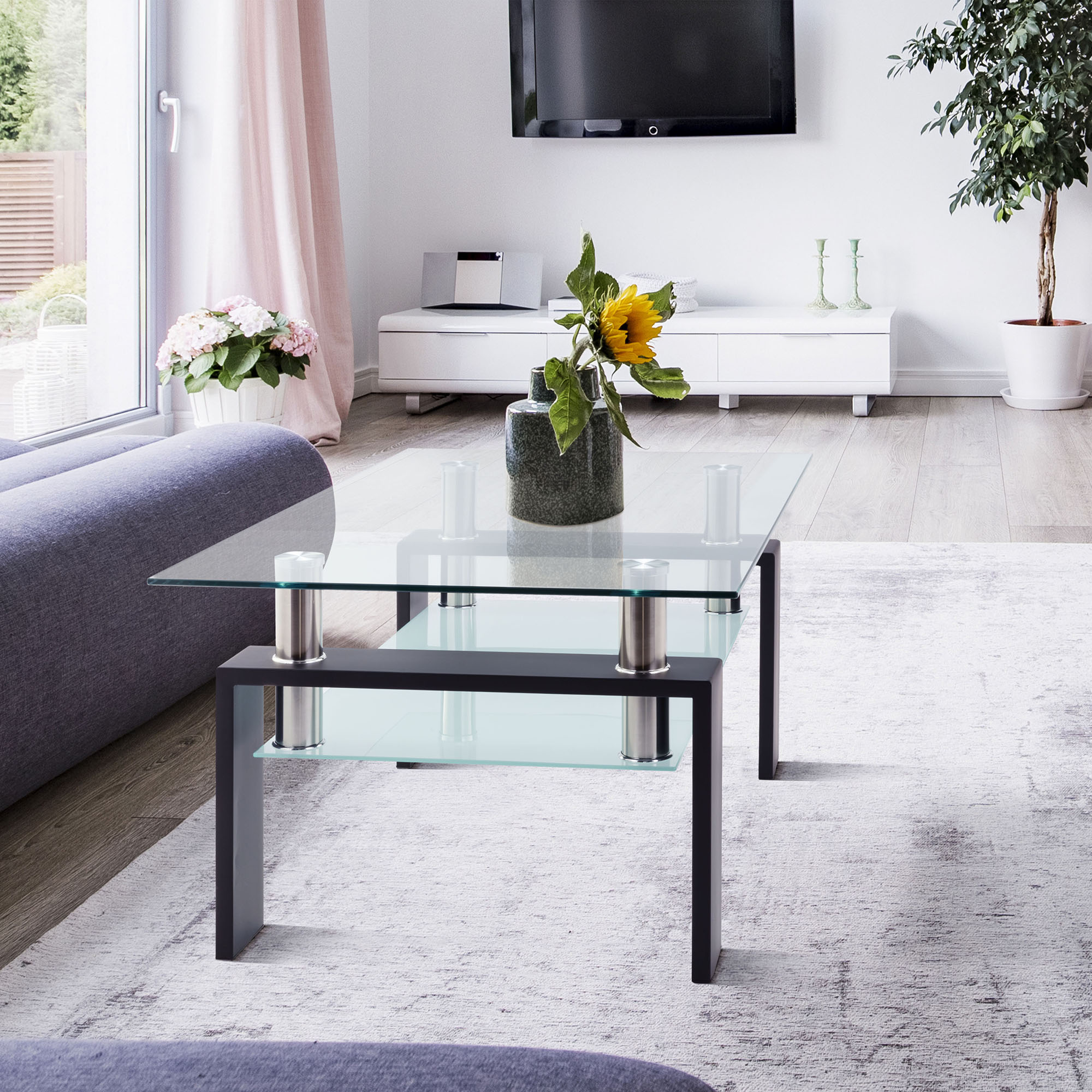 Rechthoekige Glazen Salontafel, Transparant Glas, Moderne Woonkamertafel, Zwart
