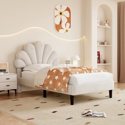 3ft Single Upholstered Velvet Bed Frame, With Adjustable Chic Petal Headboard, Velvet Platform Bed Frame With Solid Wood Slat, No Box Spring Needed, Easy Assembly, Beige - Noventis Home