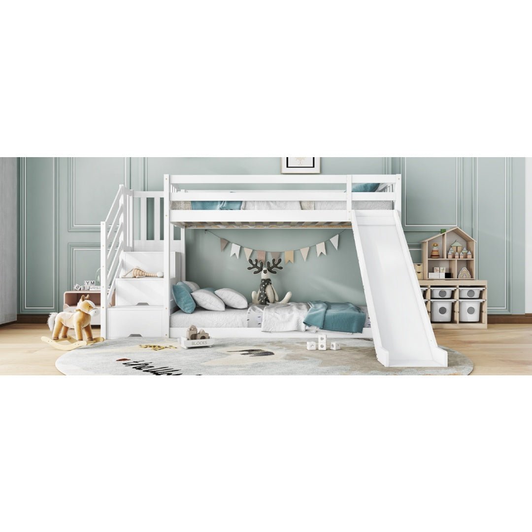 Bunk Bed With Stairs And Slide, Solid Pine Wood Frame, Children Bed, Storage Stairs, 90x190cm, White - Noventis Home