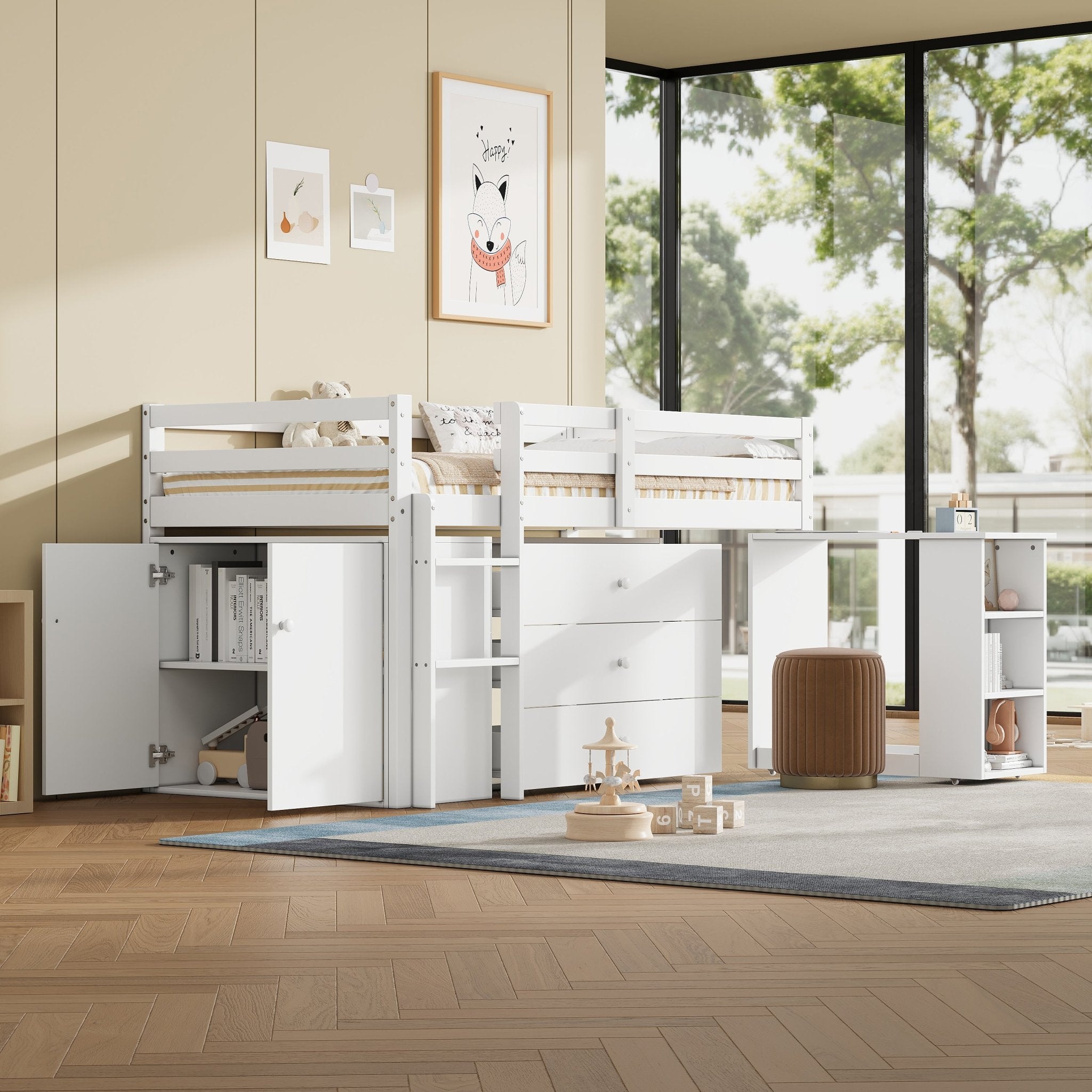 Eenpersoons Kinderbed met Uitschuifbaar Bureau, 3 Lades, Opbergkast en Planken, Flexibele Installatie, Ruimtebesparend Halfhoogslaper, 90x190cm, Wit, Zonder Matras - Noventis Home