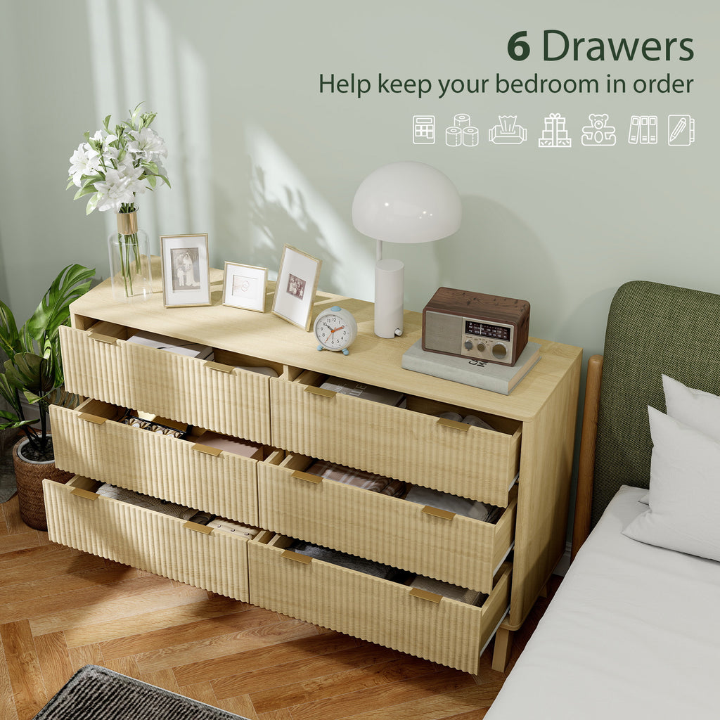 Ladekast met 6 Lades, Geribbeld Design met Gouden Handgrepen en 5 Houten Poten, Naturel Hout