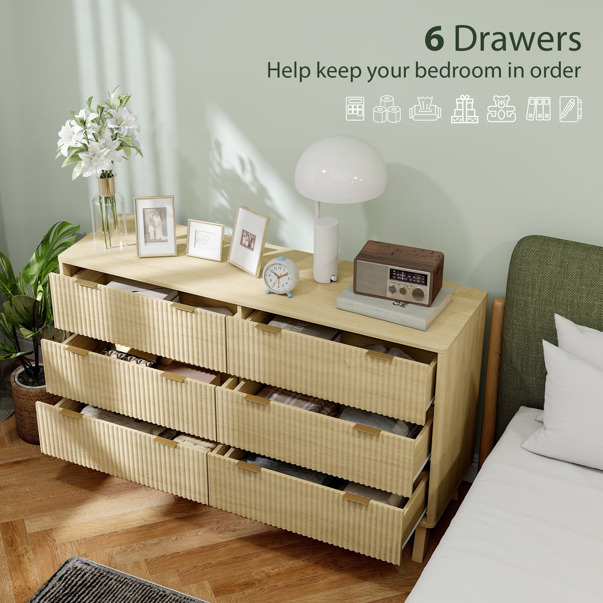 Ladekast met 6 Lades, Geribbeld Design met Gouden Handgrepen en 5 Houten Poten, Naturel Hout