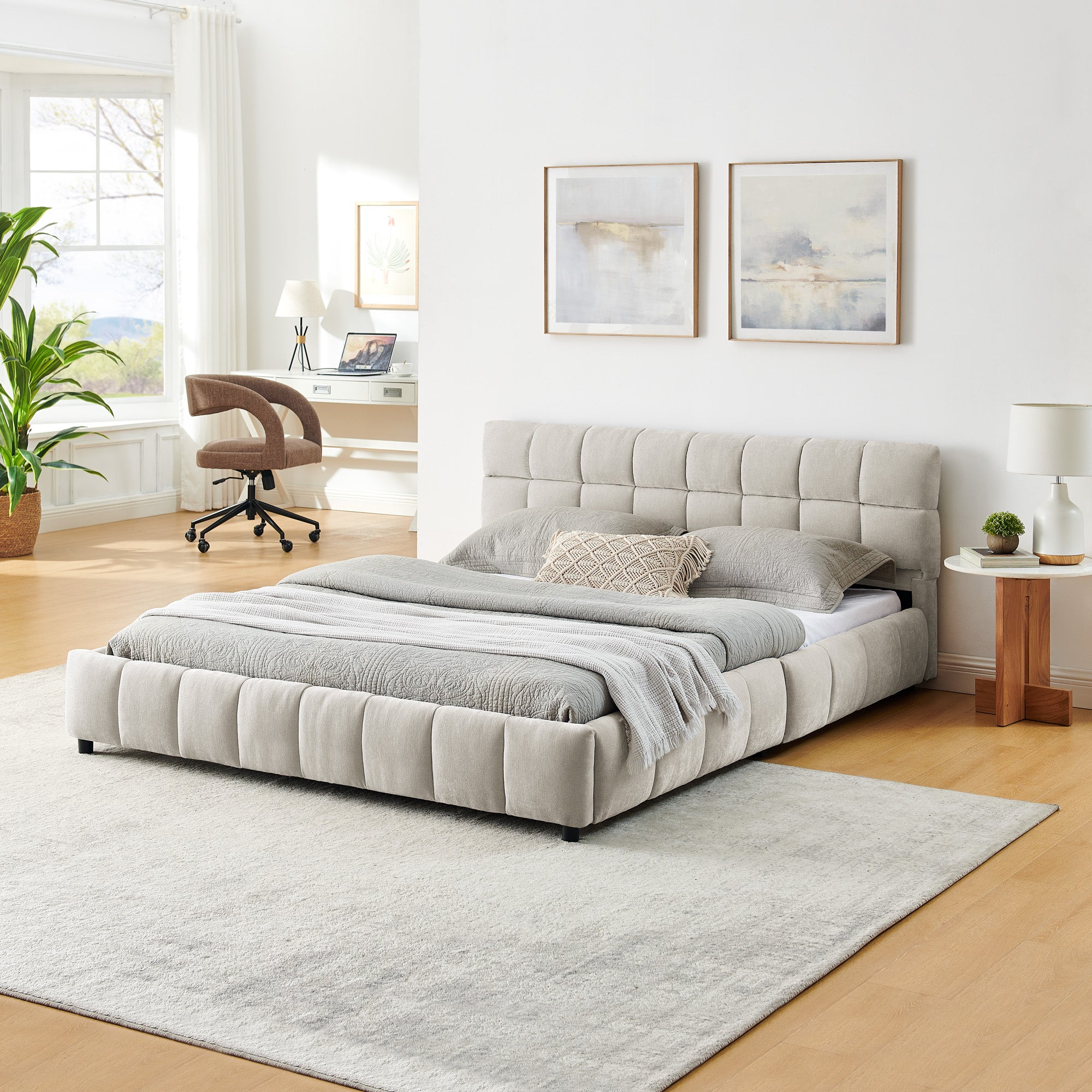 Gestoffeerd Queensize Bed, Comfortabel Bedframe van Chenille Stof met Hoofdeinde en Lade voor Opbergruimte, Beige - Noventis Home
