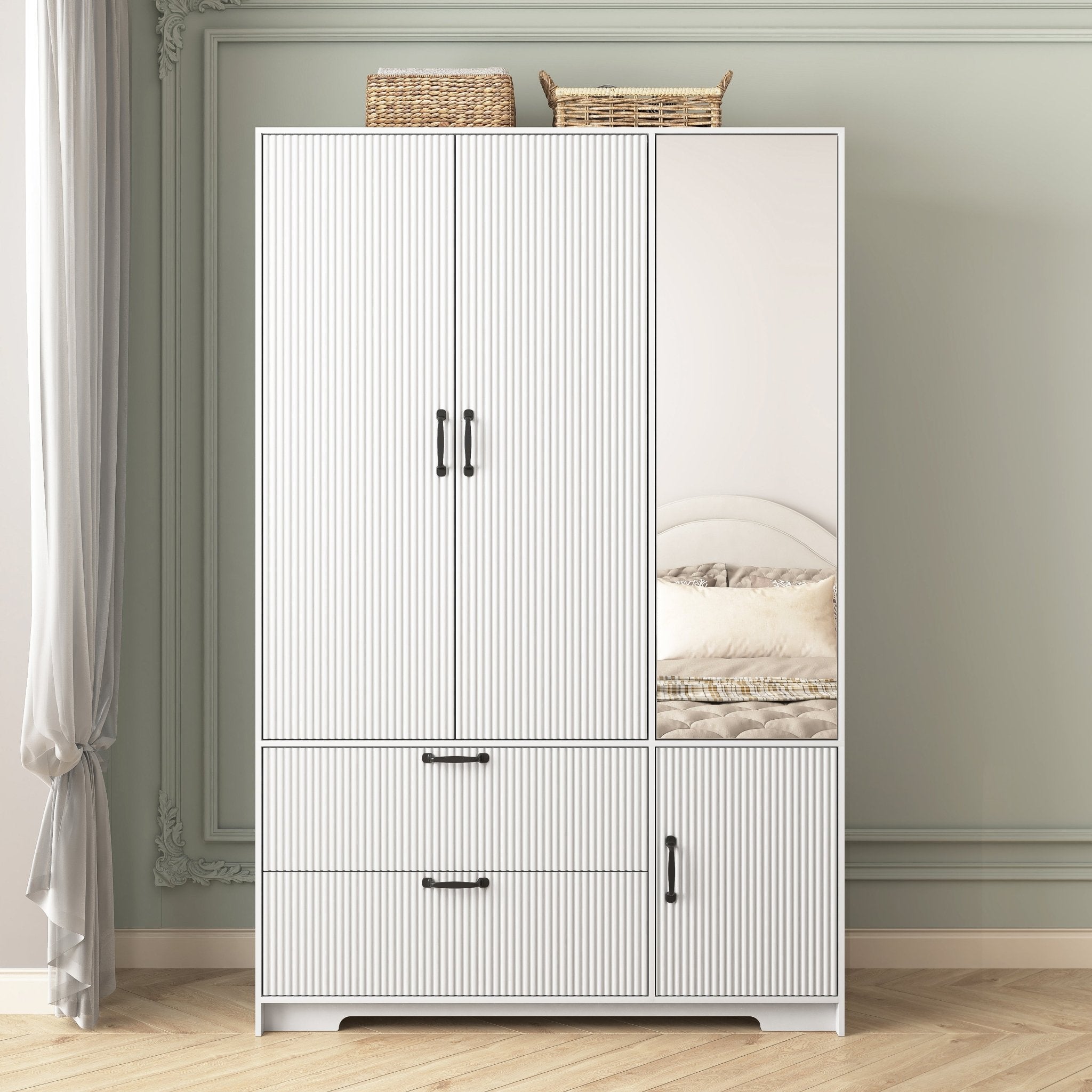 4 - Deurs Kledingkast met Spiegel, LED Kledingkast met 2 Lades, Houten Opbergkast met Kledingstang en Verstelbare Planken, Wit - Noventis Home