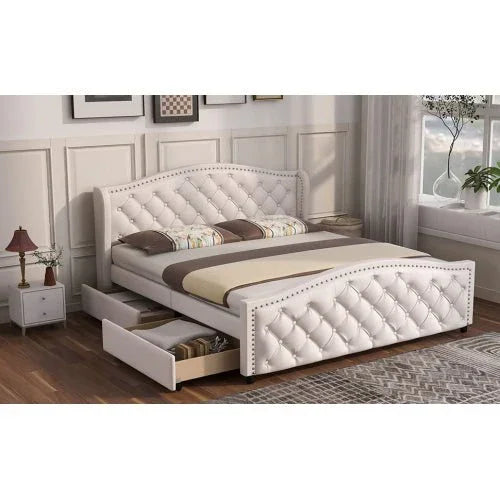 Gestoffeerd Bed 135 x 190 cm - Bed met Lattenbodem, 2 Lades en Hoofdeinde met Siernagels - Hout & Kunstleer - Wit - Jeugdbed / Logeerbed - Noventis Home