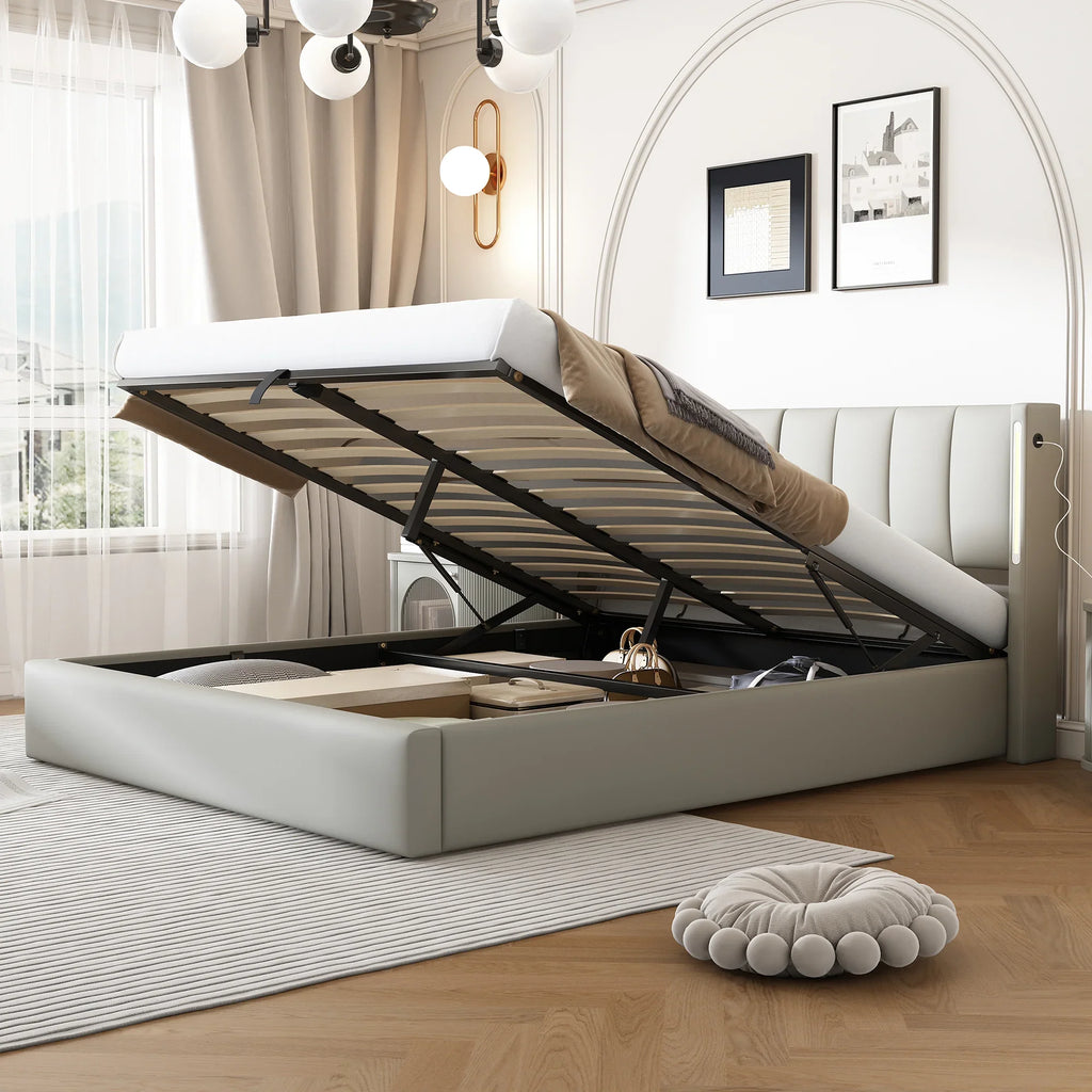LED Gestoffeerd Bed, Kingsize 150x200 cm, Hydraulisch Bed met USB - oplaadpoort, LED - verlichting, Opbergruimte en Verstelbaar Hoofdeinde, PU, Grijs - Noventis Home