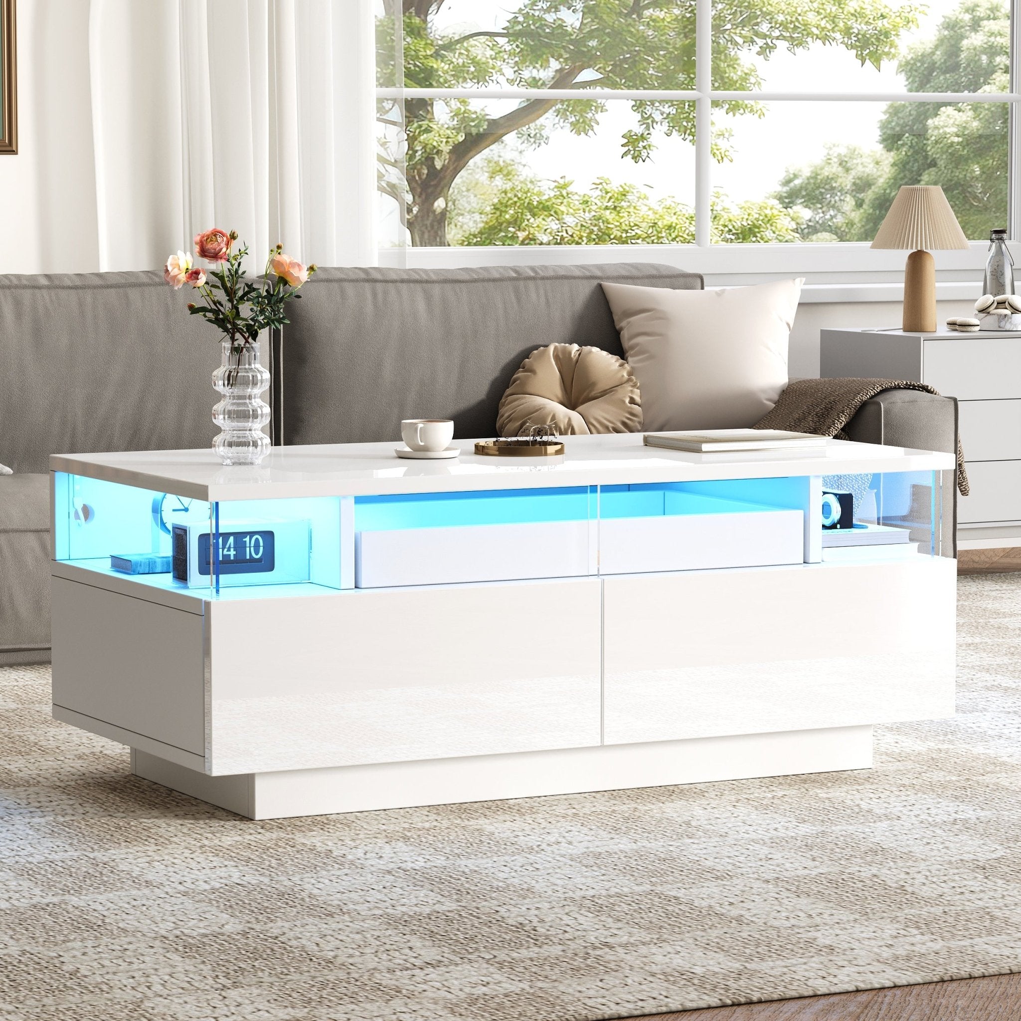 Hoogglans Salontafel met 2 Lades, LED - verlichting en Uitschuifbaar Dienblad, 90x45x35,5cm, Wit - Noventis Home